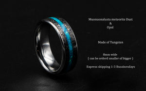 Meteorite opal ring, Tungsten mens ring, mens wedding band, opal engagement ring, wedding band mens, turquoise opal ring, gift for him,