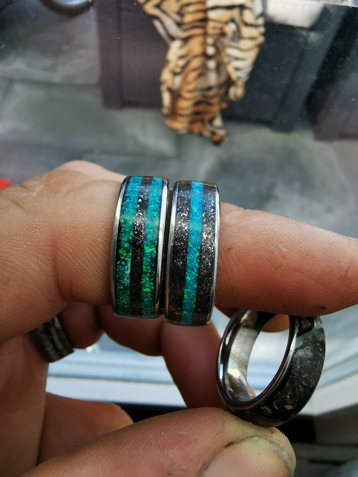 Meteorite opal ring, Tungsten mens ring, mens wedding band, opal engagement ring, wedding band mens, turquoise opal ring, gift for him,