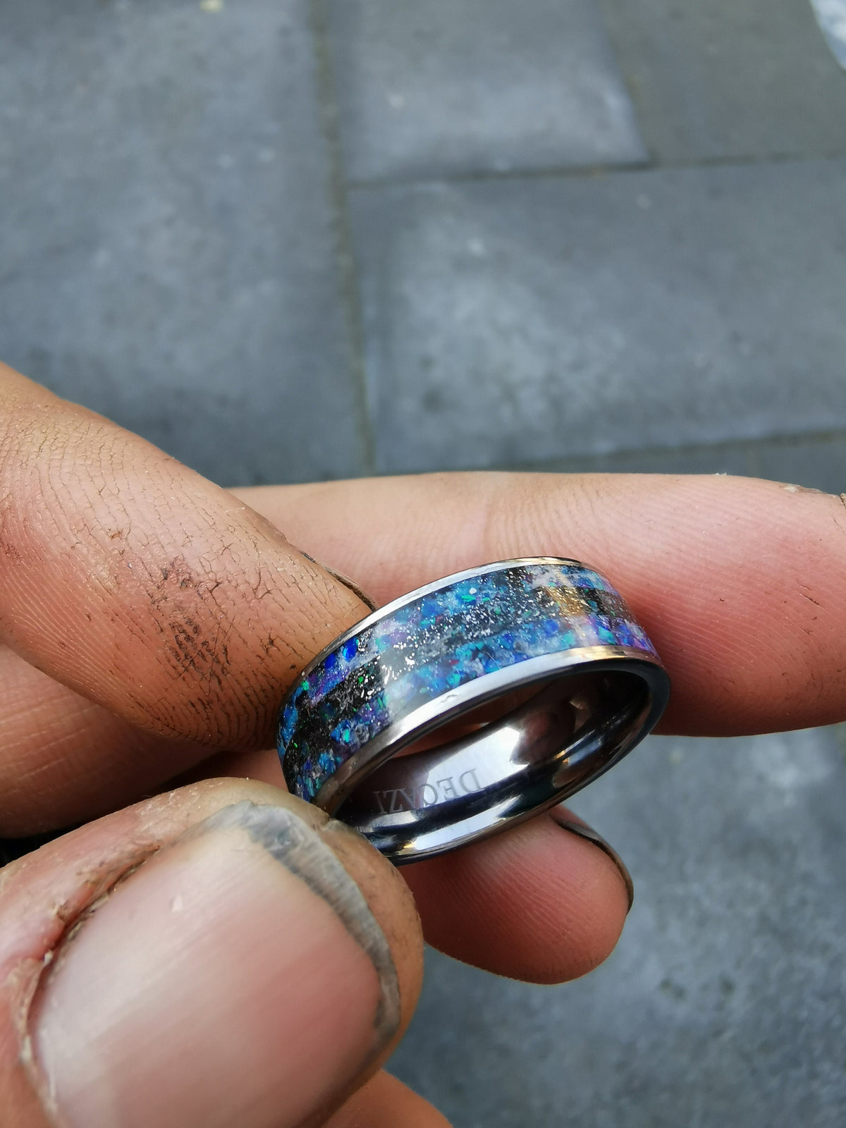 Mens meteorite ring with galaxy opal inlay.