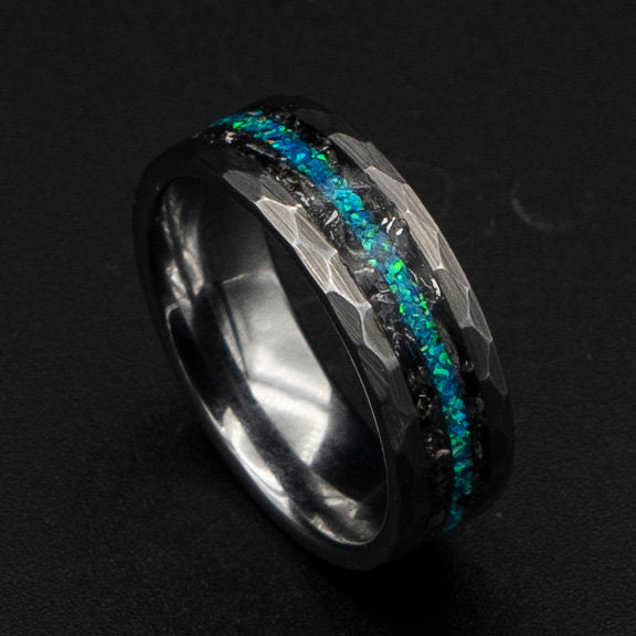 hammered ring, mens wedding band, Galaxy opal ring, man ring, Meteorite ring, Opal wedding ring, engagement ring men, gift for him | Decazi