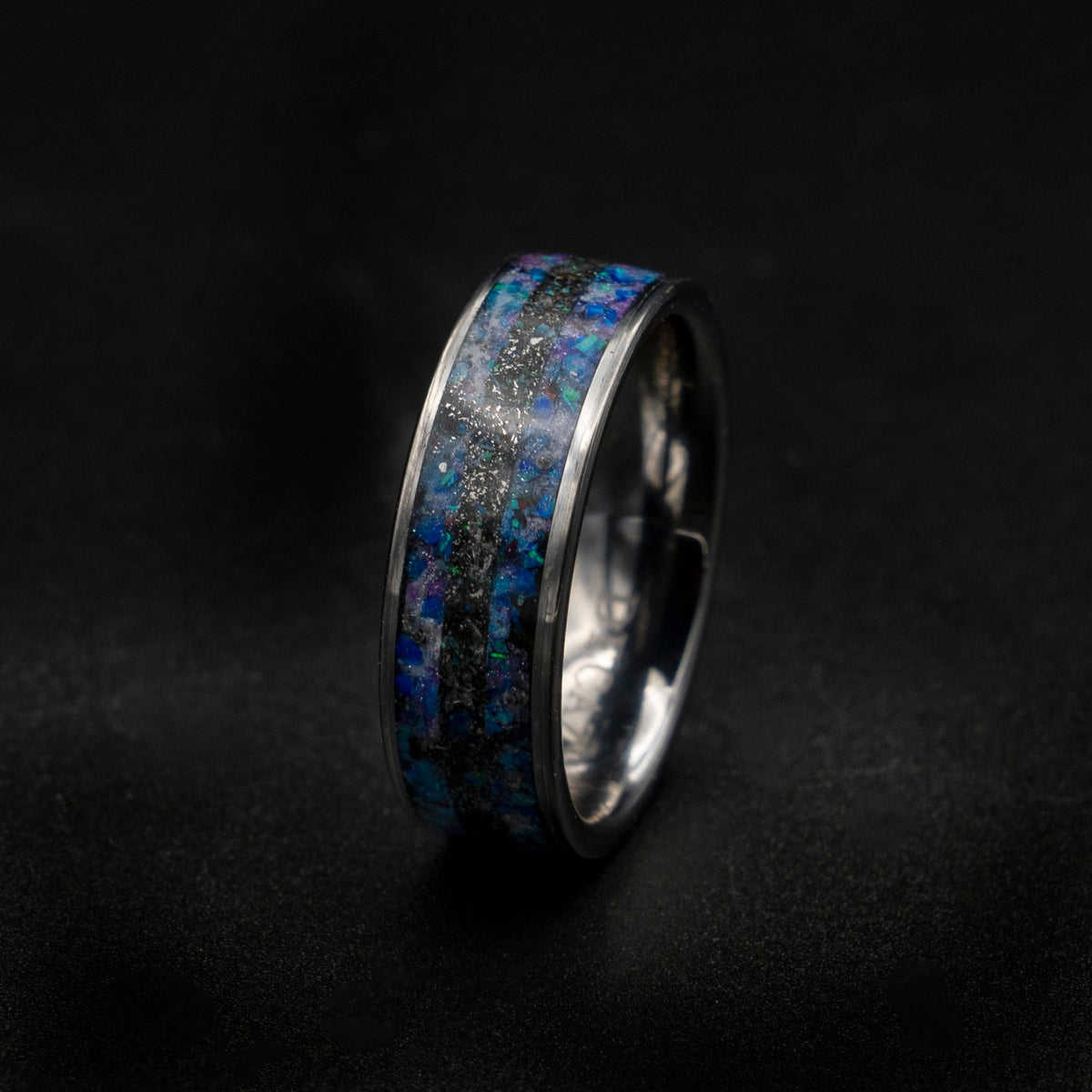 Mens meteorite ring with galaxy opal inlay.