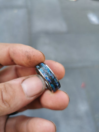 Mens meteorite ring with galaxy opal inlay.