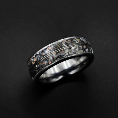 meteorite ring, Mens opal ring, Glow in the dark ring, glow ring, Platinum ring, tungsten ring men, Lunar jewelry, meteorite ring