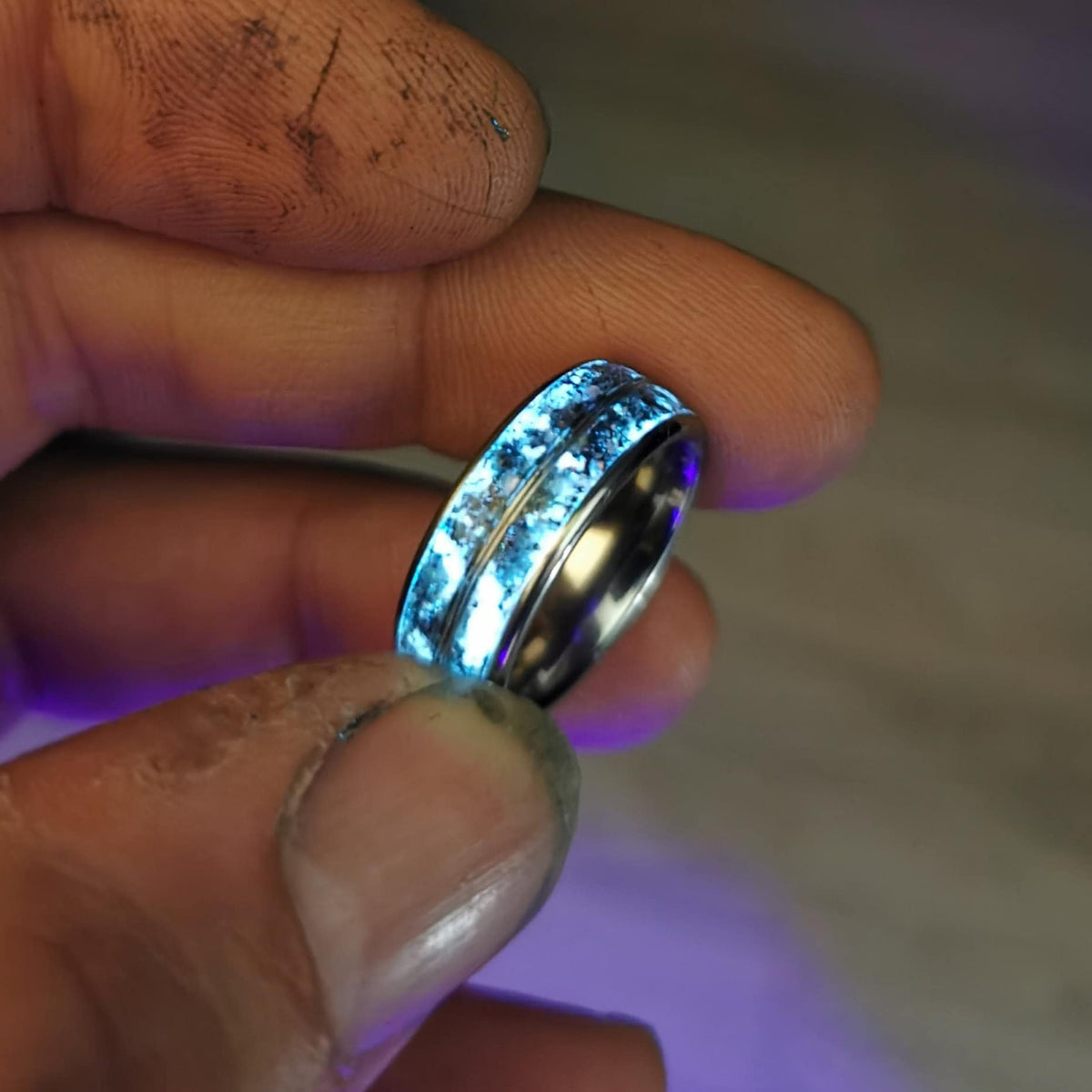 meteorite ring, Mens opal ring, Glow in the dark ring, glow ring, Platinum ring, tungsten ring men, Lunar jewelry, meteorite ring