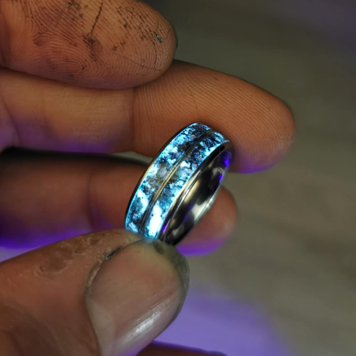 meteorite ring, Mens opal ring, Glow in the dark ring, glow ring, Platinum ring, tungsten ring men, Lunar jewelry, meteorite ring