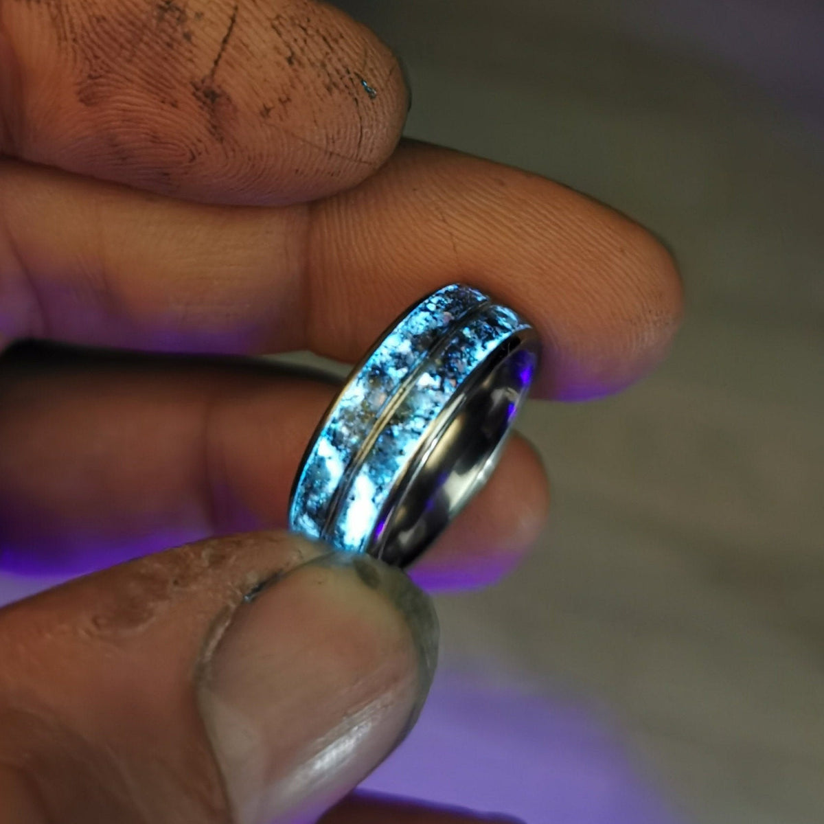 READY TO SHIP meteorite ring, opal ring, Glow in the dark ring, glow ring, Platinum ring, tungsten ring men, Lunar jewelry, meteorite ring