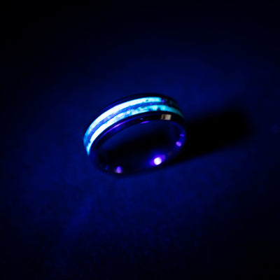 Blue Opal Tungsten Ring with Meteorite, Men's Meteorite Wedding Band, Tungsten Promise Ring, Hammered Ring for Him, Meteorite Jewelry Gift