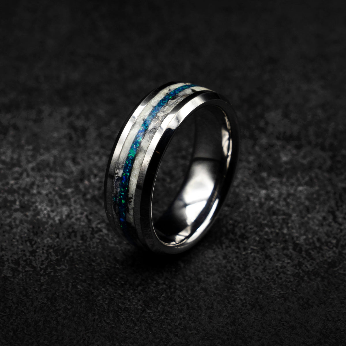 Blue Opal Tungsten Ring with Meteorite, Men's Meteorite Wedding Band, Tungsten Promise Ring, Hammered Ring for Him, Meteorite Jewelry Gift