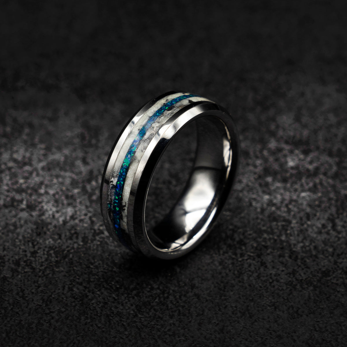 Blue Opal Tungsten Ring with Meteorite, Men's Meteorite Wedding Band, Tungsten Promise Ring, Hammered Ring for Him, Meteorite Jewelry Gift