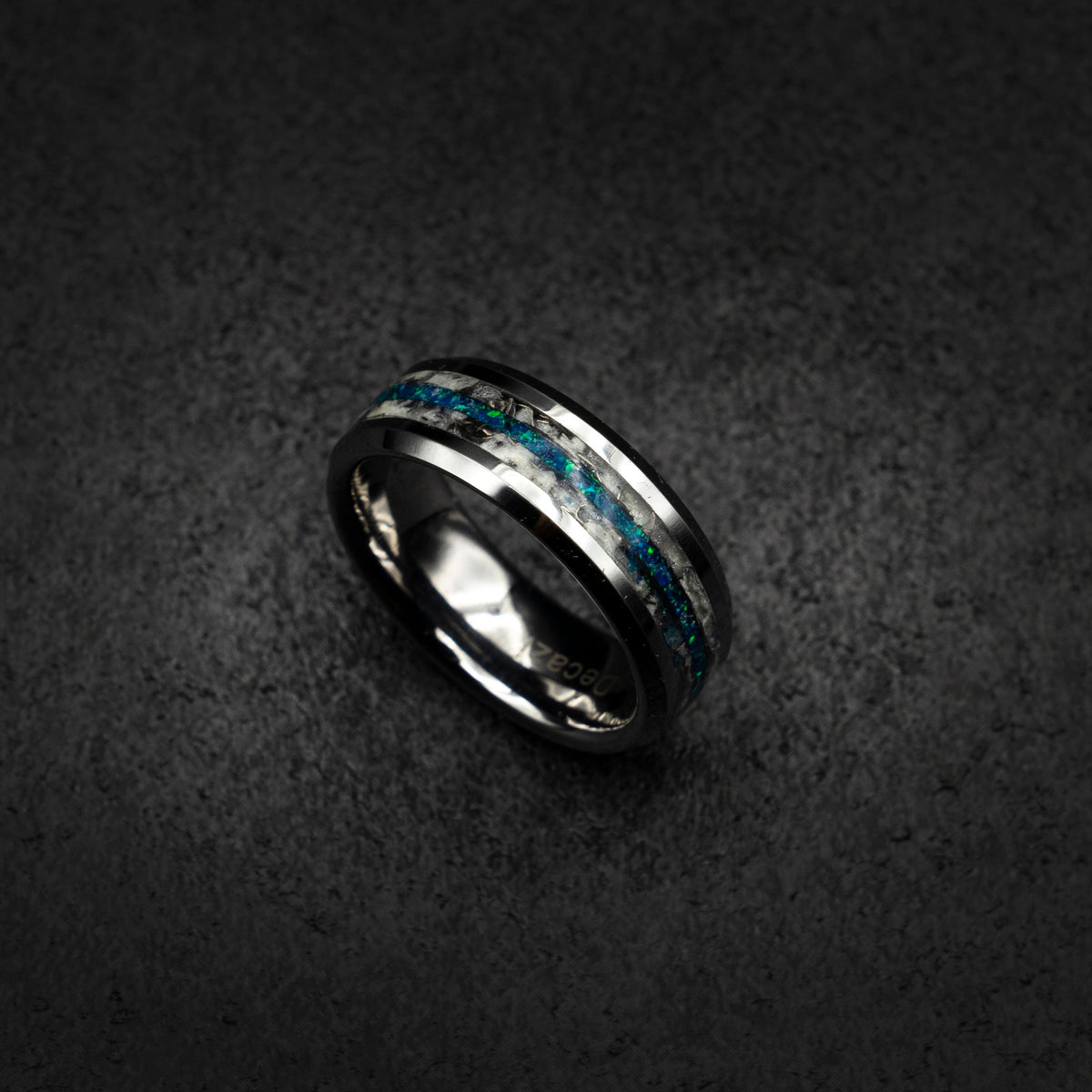 Blue Opal Tungsten Ring with Meteorite, Men's Meteorite Wedding Band, Tungsten Promise Ring, Hammered Ring for Him, Meteorite Jewelry Gift