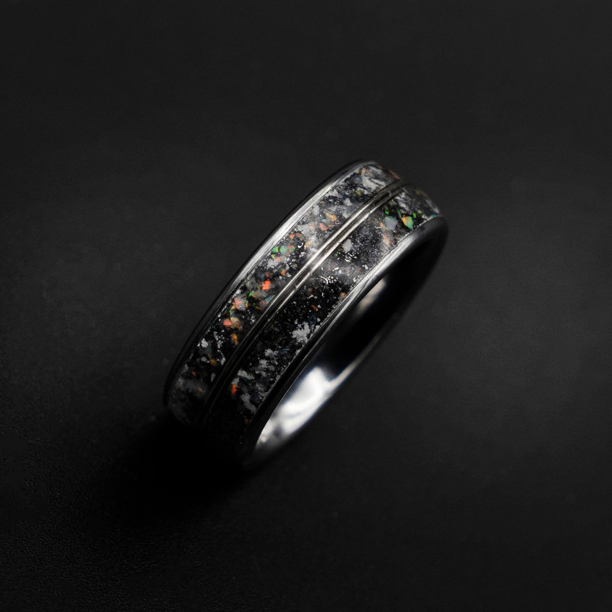 meteorite ring, Mens opal ring, Glow in the dark ring, glow ring, Platinum ring, tungsten ring men, Lunar jewelry, meteorite ring