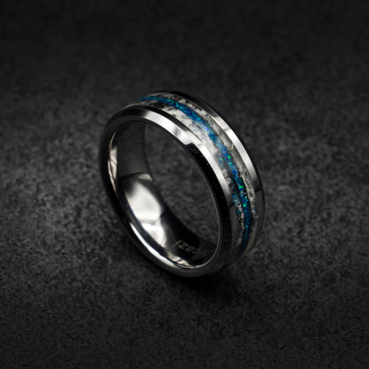 Blue Opal Tungsten Ring with Meteorite, Men's Meteorite Wedding Band, Tungsten Promise Ring, Hammered Ring for Him, Meteorite Jewelry Gift