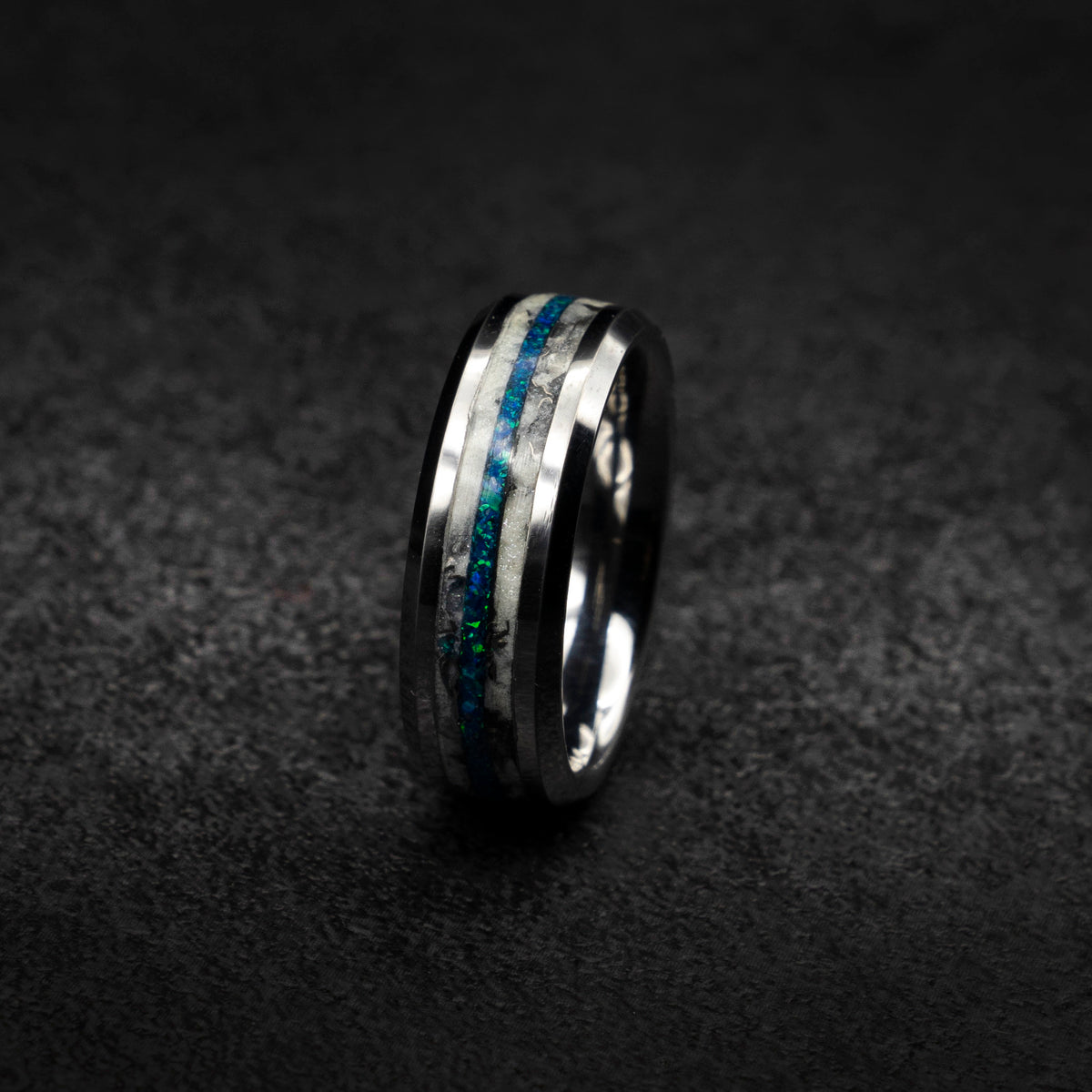 Blue Opal Tungsten Ring with Meteorite, Men's Meteorite Wedding Band, Tungsten Promise Ring, Hammered Ring for Him, Meteorite Jewelry Gift