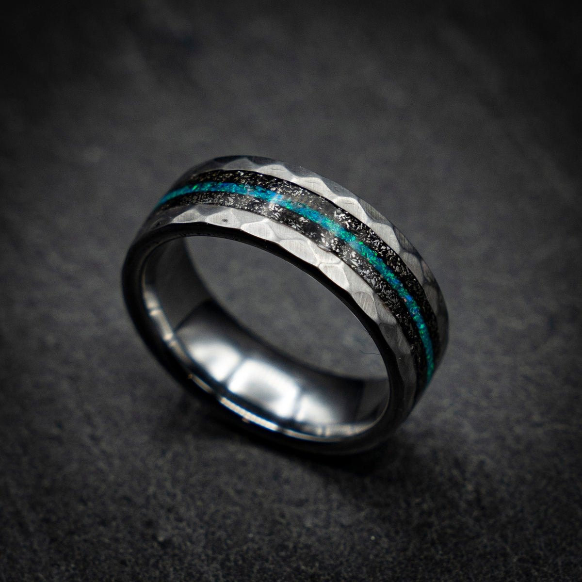 Men's Meteorite Tungsten Ring, Unique Wedding Band For Him, Opal Anniversary Ring, Meteorite Engagement Ring for Men, Opal Gemstone Jewelry