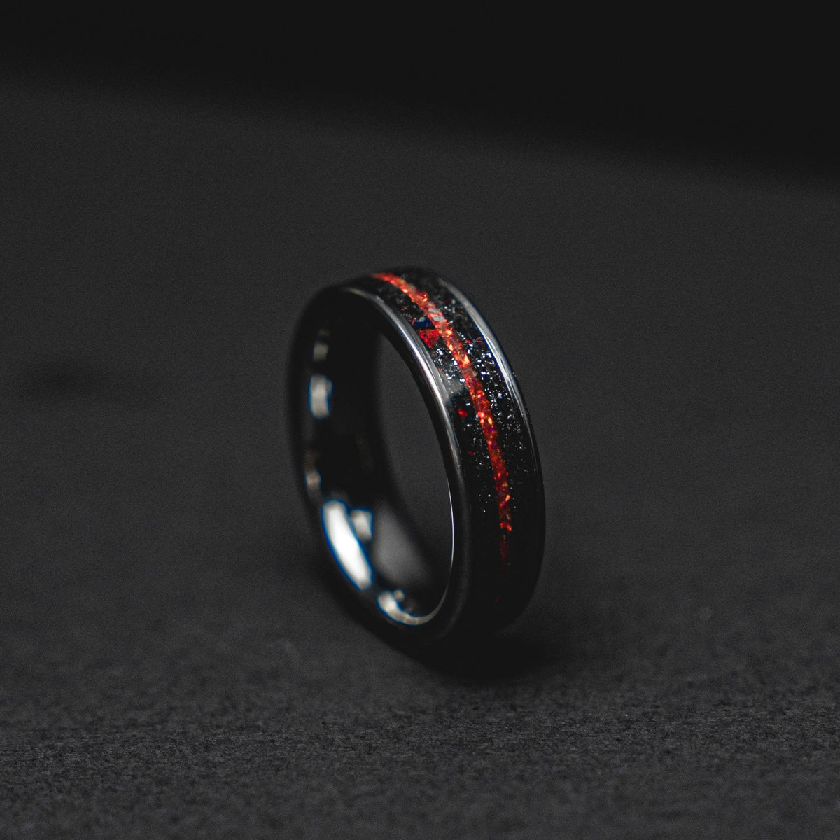 Meteorite tungsten ring men, Red opal ring, mens wedding band, mens ring, wedding band men, 6mm wide ring.