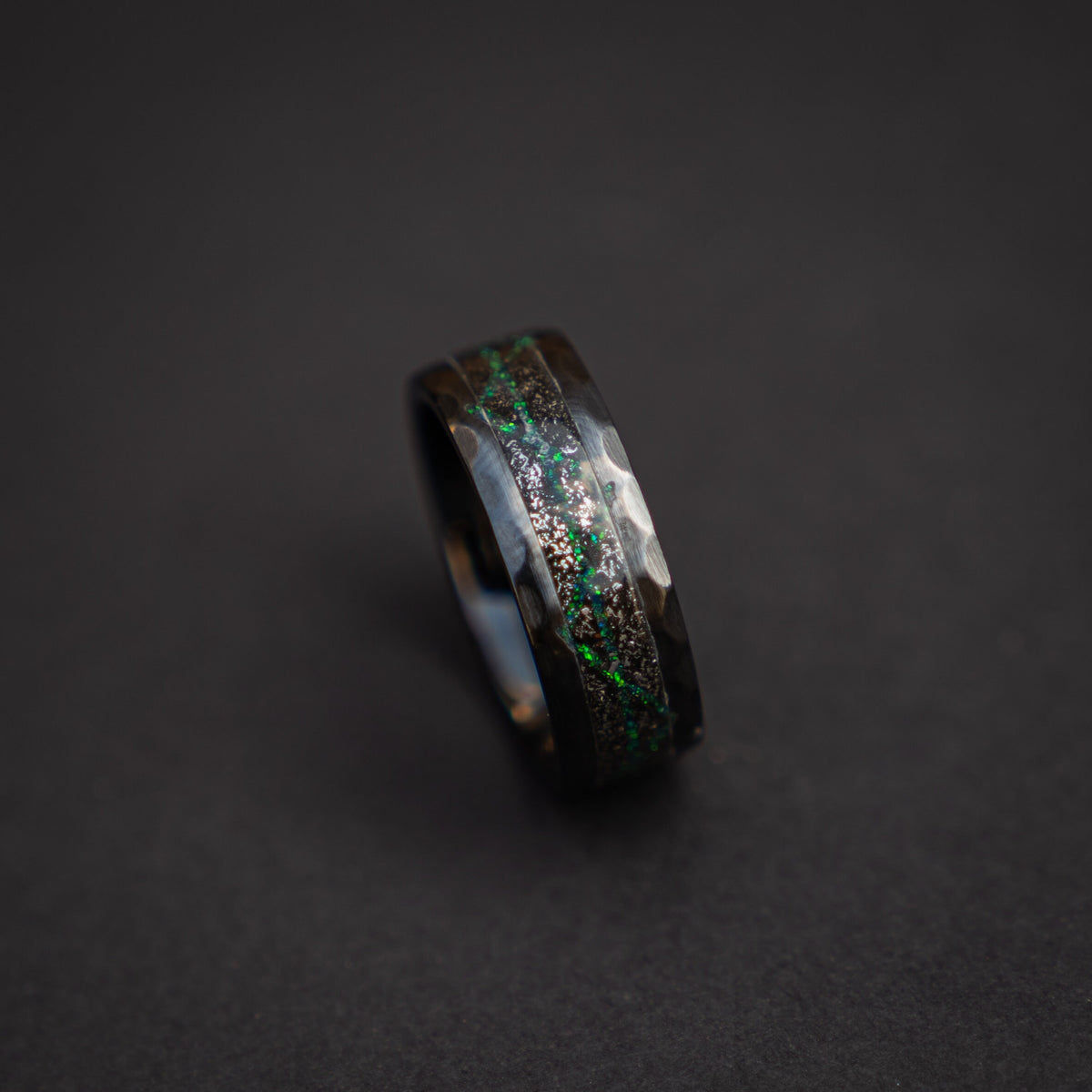 Black Ceramic ring with meteorite and galaxy opal, wedding band, engagement ring