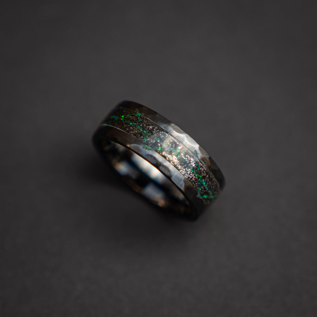 Black Ceramic ring with meteorite and galaxy opal, wedding band, engagement ring