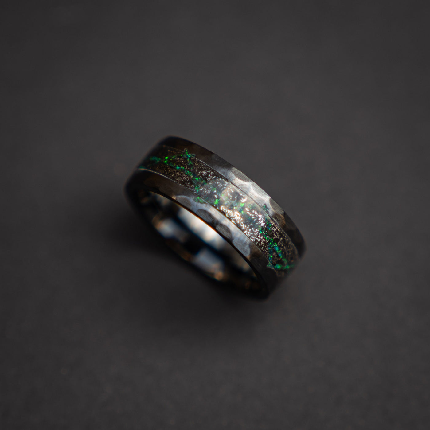 Black Ceramic ring with meteorite and galaxy opal, wedding band, engagement ring