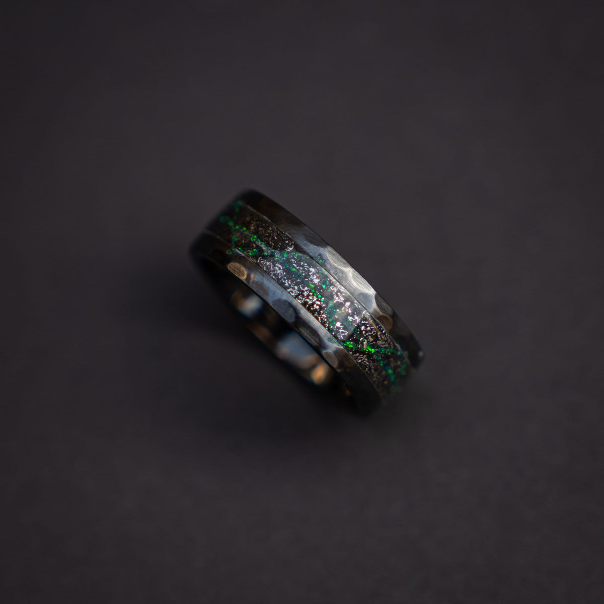 Black Ceramic ring with meteorite and galaxy opal, wedding band, engagement ring
