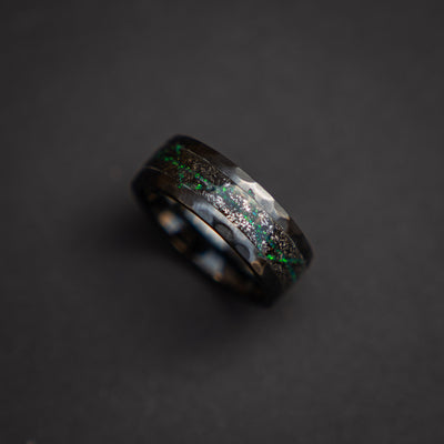 Black Ceramic ring with meteorite and galaxy opal, wedding band, engagement ring