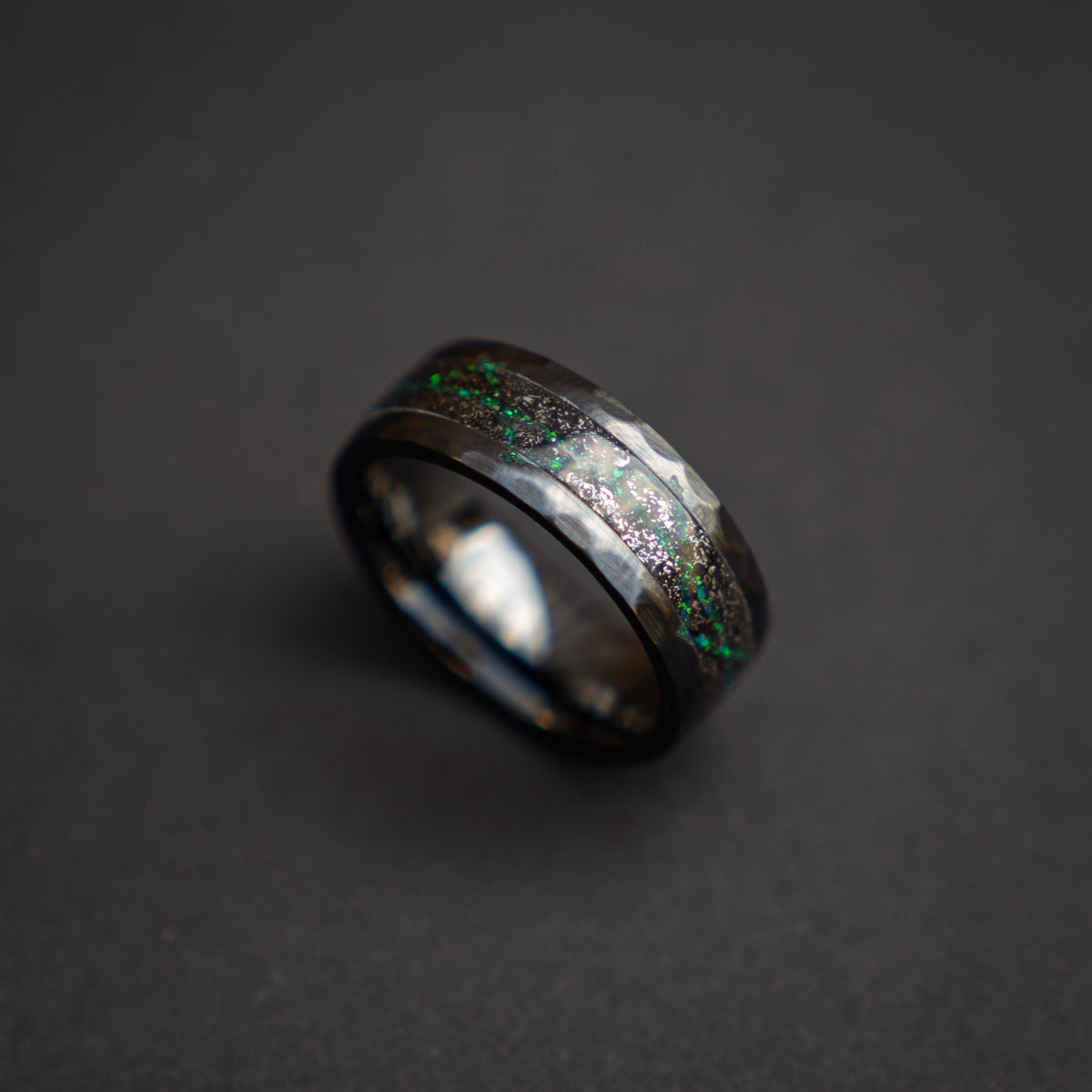 Black Ceramic ring with meteorite and galaxy opal, wedding band, engagement ring