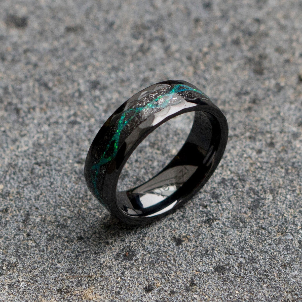 Black Ceramic ring with meteorite and galaxy opal, wedding band, engagement ring