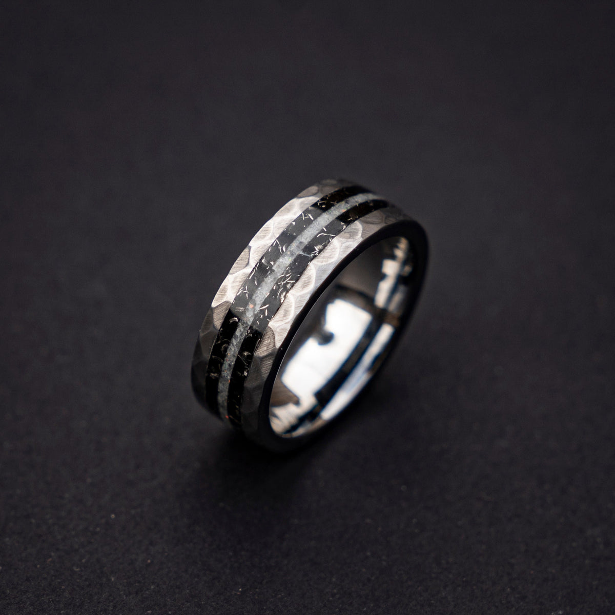 Tungsten Carbide Ring, Meteorite Ring, Hammered Tungsten Wedding Ring Band, Faceted Wedding Ring, Moonstone/Promise Ring, Unique Men Gift
