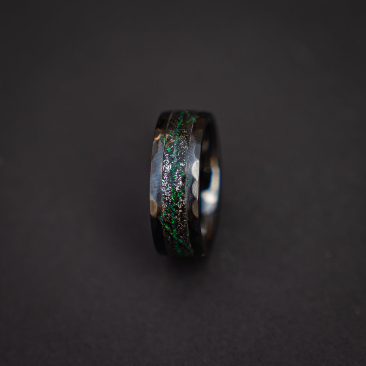 Black Ceramic ring with meteorite and galaxy opal, wedding band, engagement ring