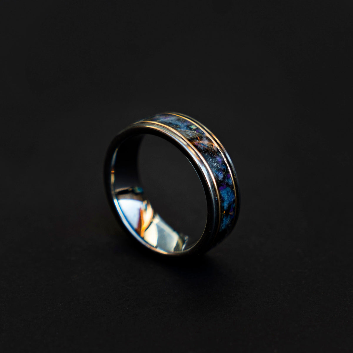 Galaxy opal ring with gold wire and meteorite, mens wedding band, tungsten ring set, unique, 2 tone, cool mens ring, his and hers rings. - Decazi