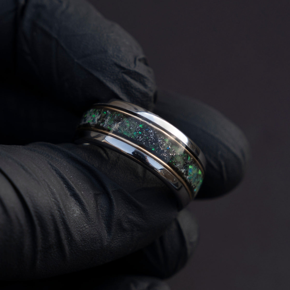 10mm domed green opal glowring, mens wedding band, mens ring, meteorite ring, mens wedding ring, mens engagement ring, meteorite ring men,