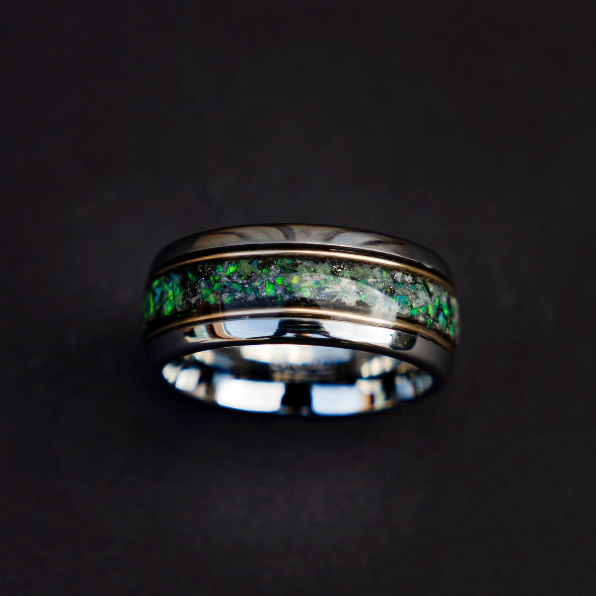 10mm domed green opal glowring, mens wedding band, mens ring, meteorite ring, mens wedding ring, mens engagement ring, meteorite ring men,