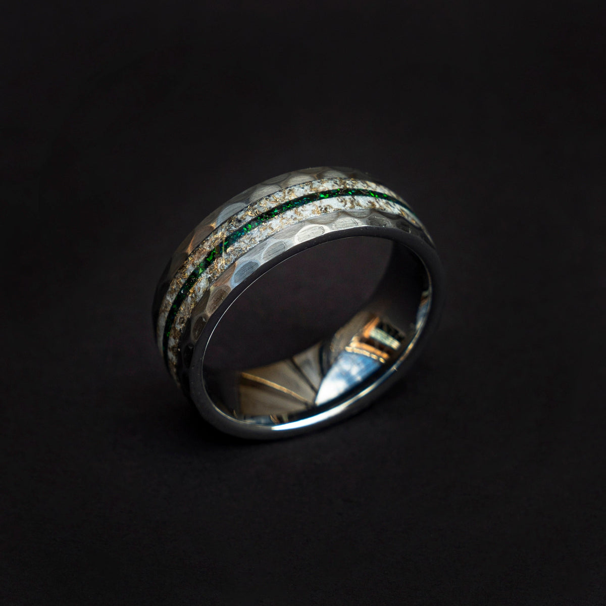 faceted ring, glow in the dark ring, hammered ring, faceted wedding band, everyday ring, textured ring, mens wedding band, gold shavings. - Decazi