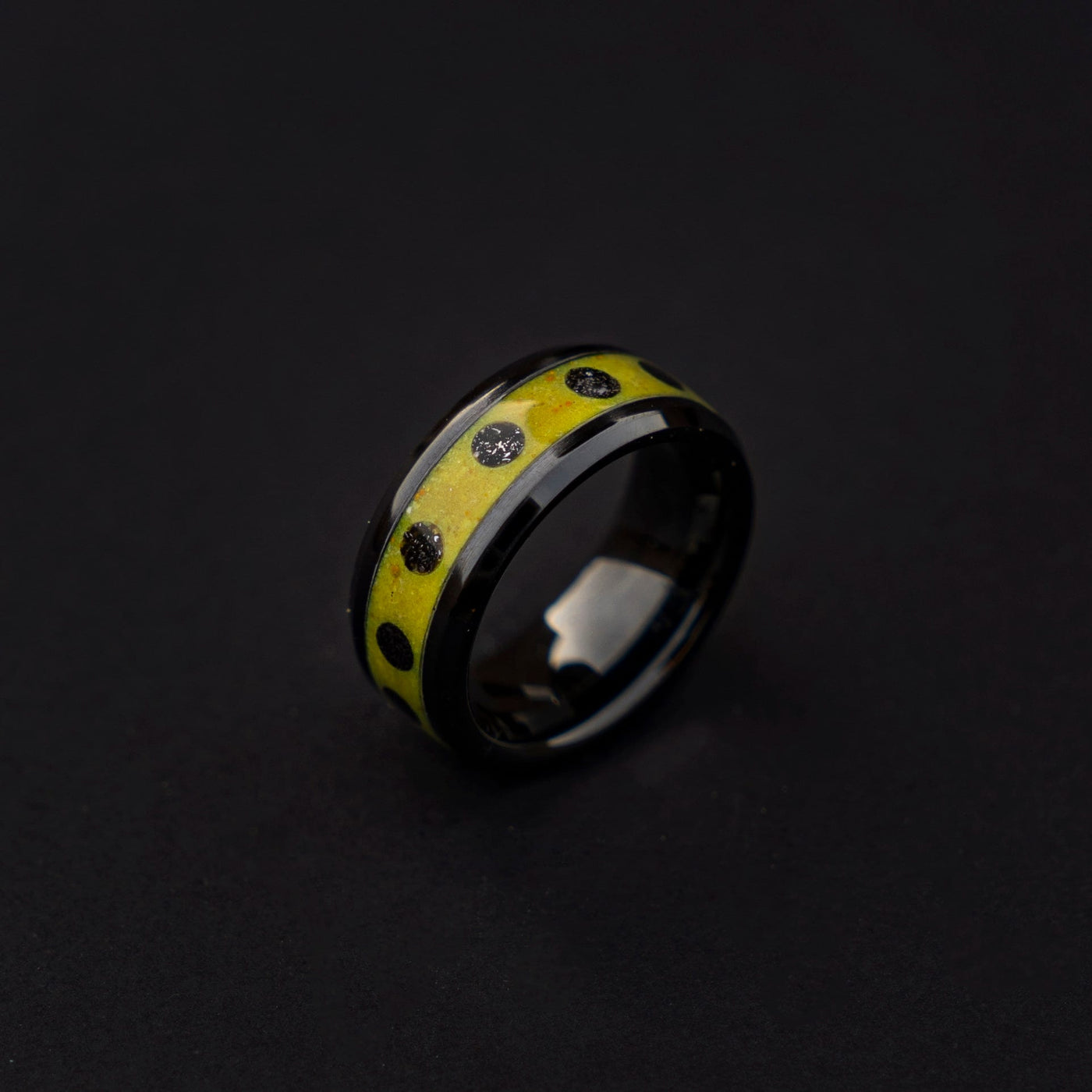 Black ceramic ring, glow in the dark ring, yellow ring, mens wedding band, male engagement ring, mens ring | Decazi