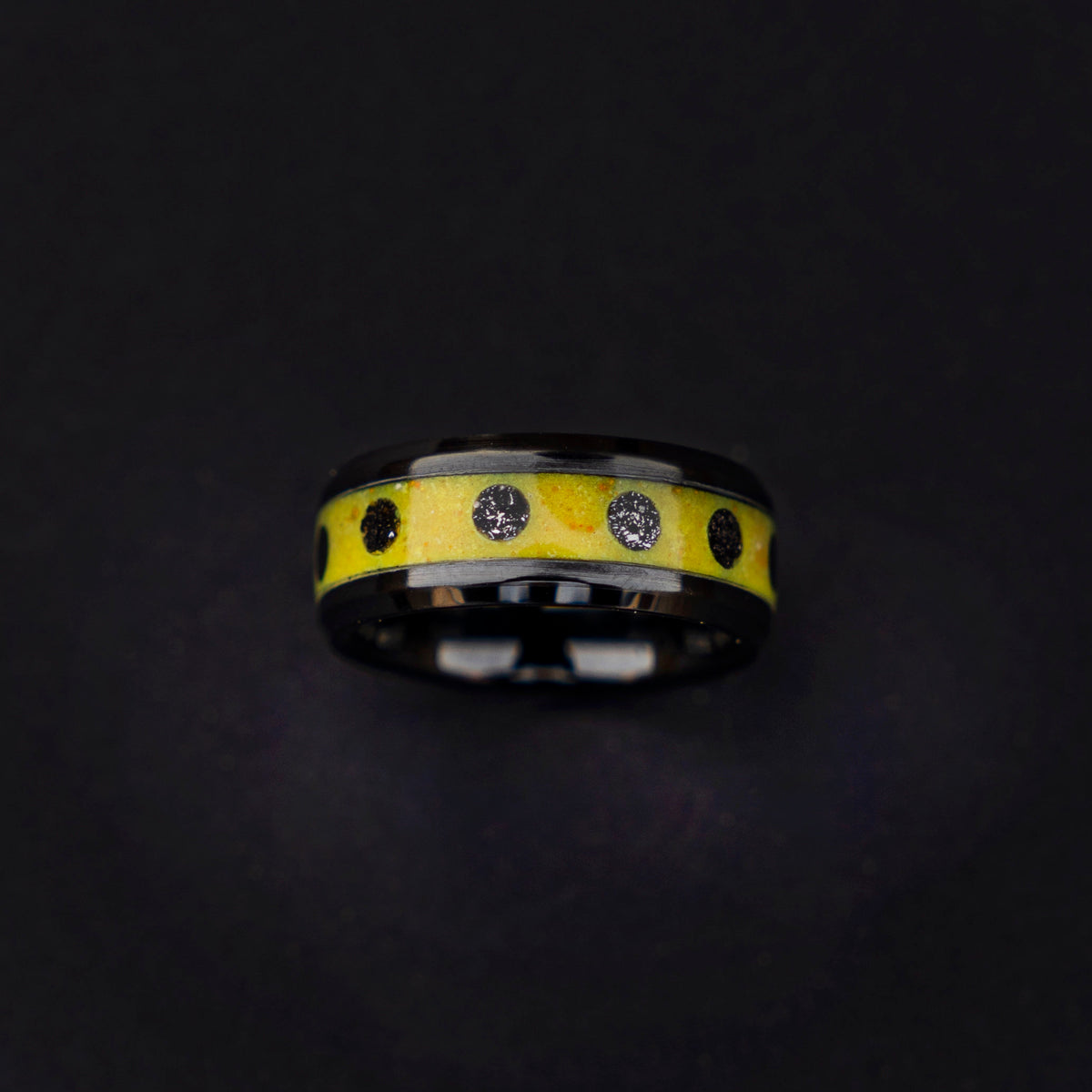 Black ceramic ring, glow in the dark ring, yellow ring, mens wedding band, male engagement ring, mens ring | Decazi