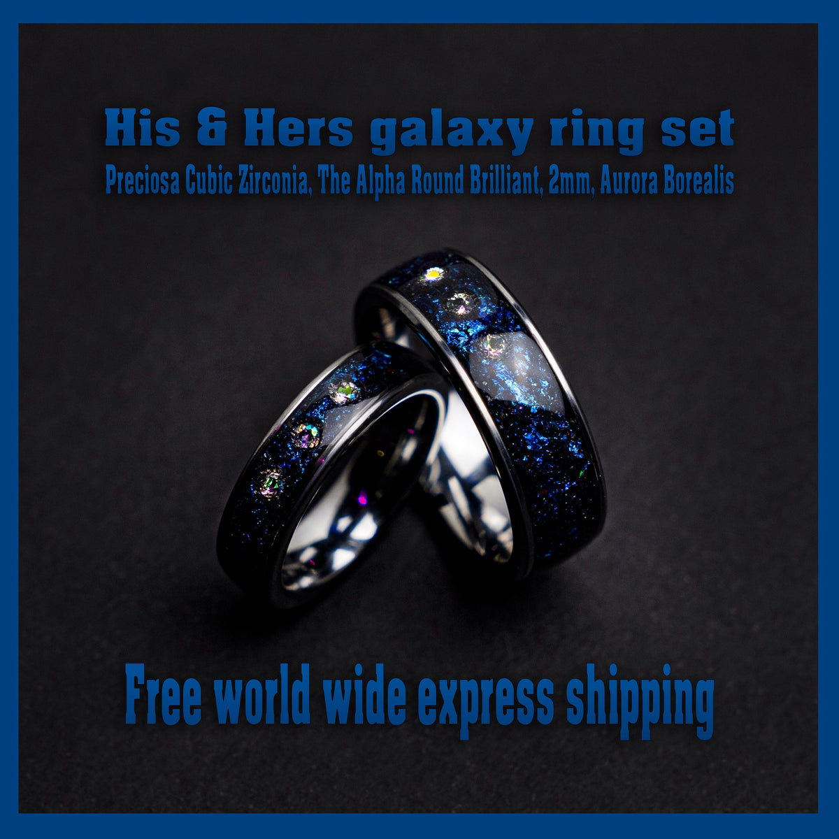 couple ring set, alexandrite wedding ring set, crystal ring set, Blue galaxy, Cubic zirkionia, couples, friendship, engagement, His and hers - Decazi