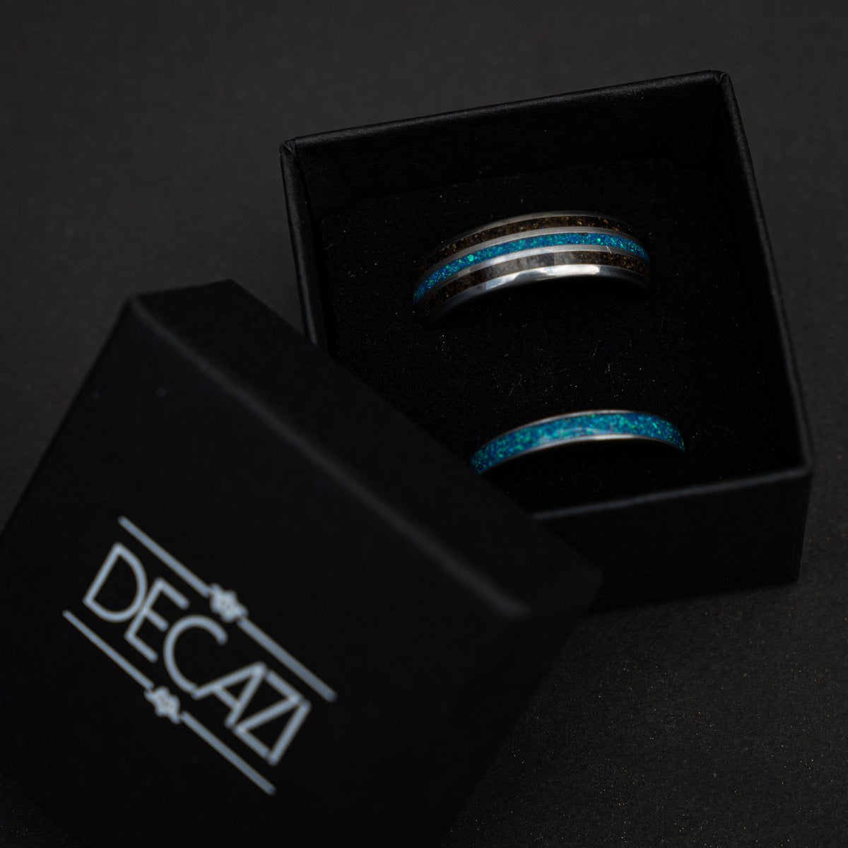 dinosaur bone ring , meteorite ring, wedding ring set for woman and men, couples ring, trex ring, blue opal ring, decazi - Decazi
