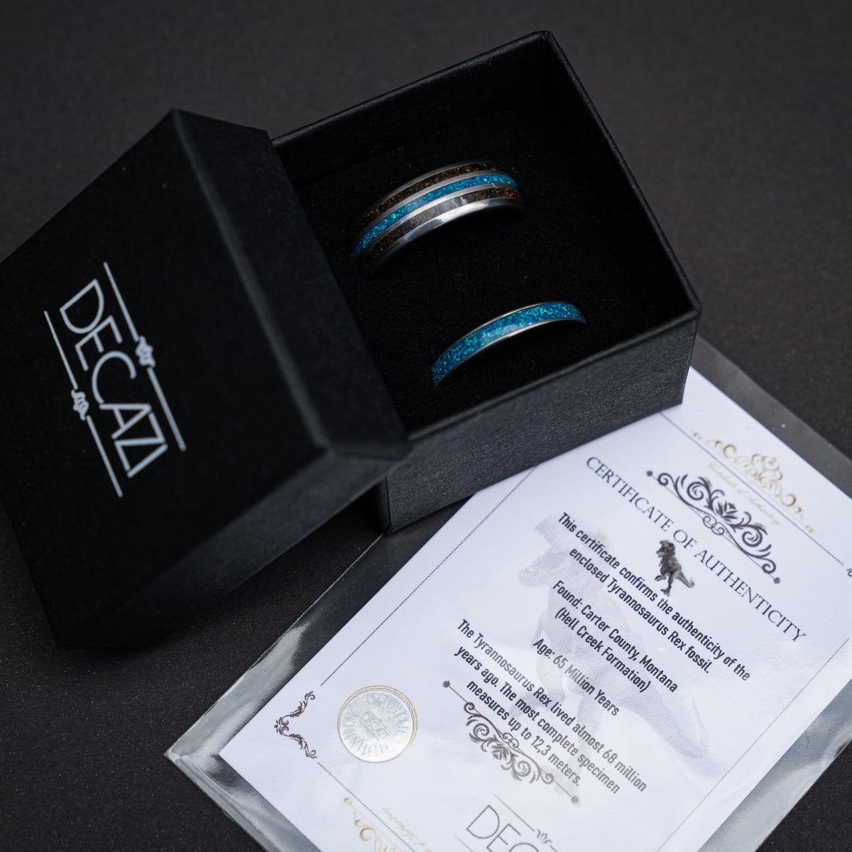 dinosaur bone ring , meteorite ring, wedding ring set for woman and men, couples ring, trex ring, blue opal ring, decazi - Decazi