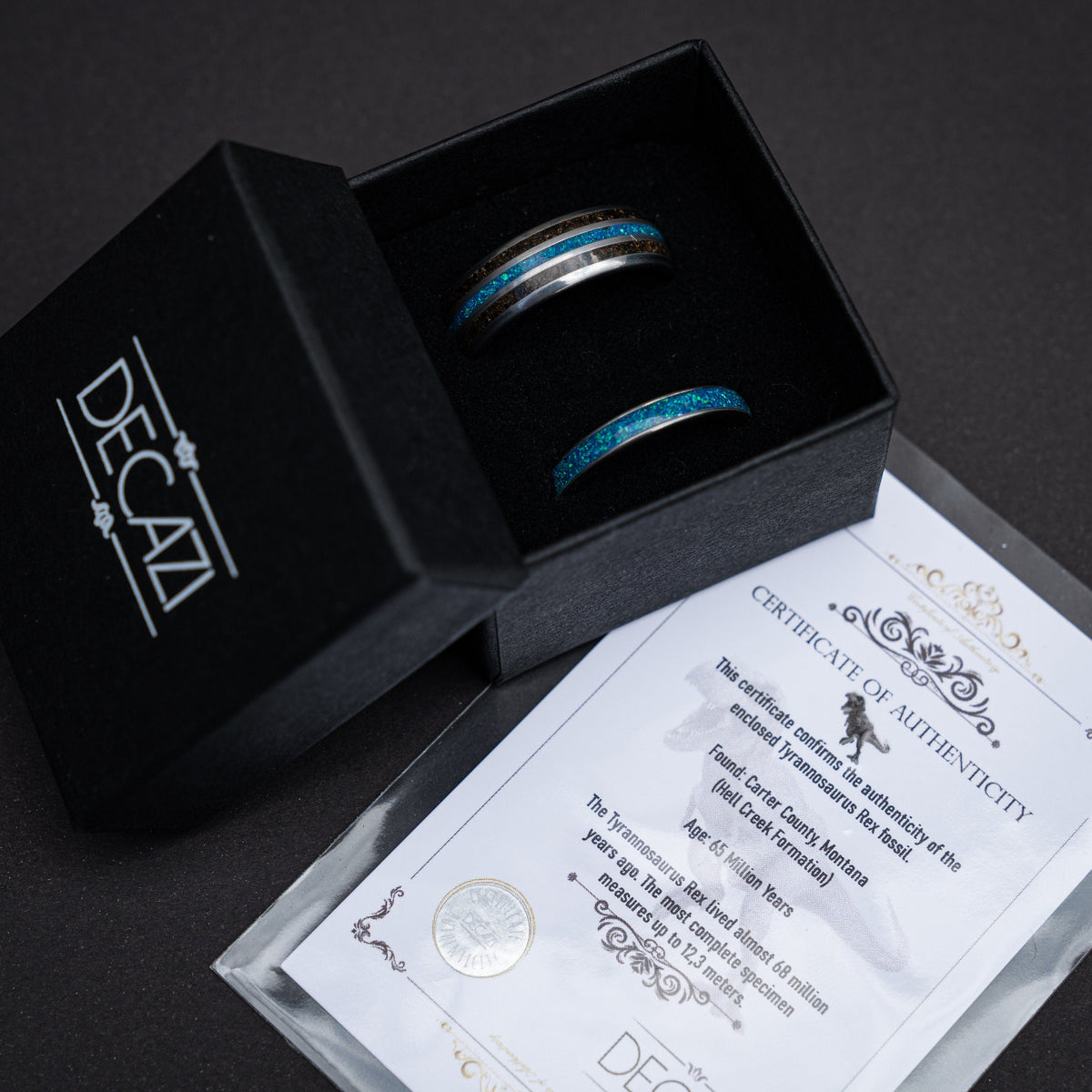 dinosaur bone ring , meteorite ring, wedding ring set for woman and men, couples ring, trex ring, blue opal ring, decazi - Decazi