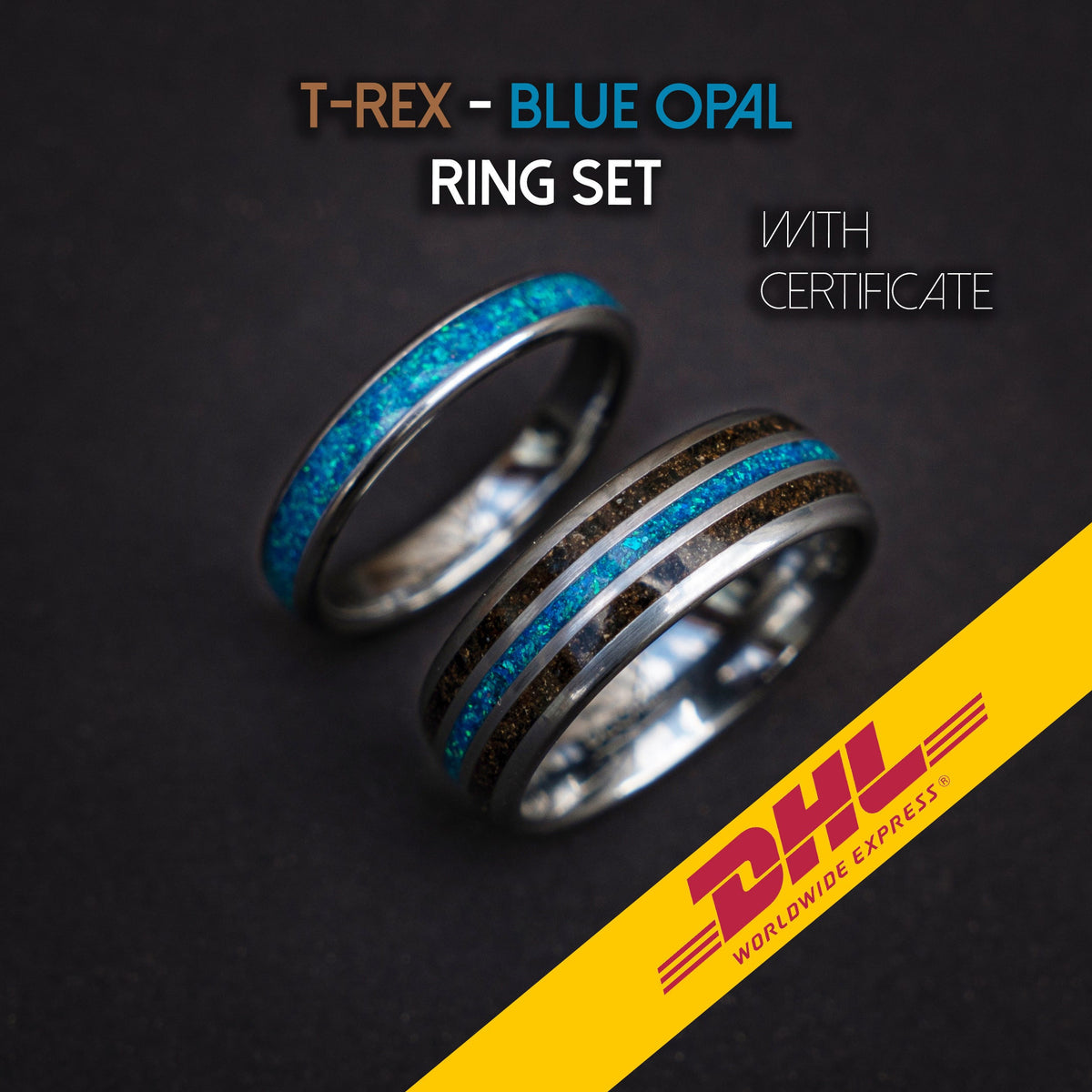 dinosaur bone ring , meteorite ring, wedding ring set for woman and men, couples ring, trex ring, blue opal ring, decazi - Decazi