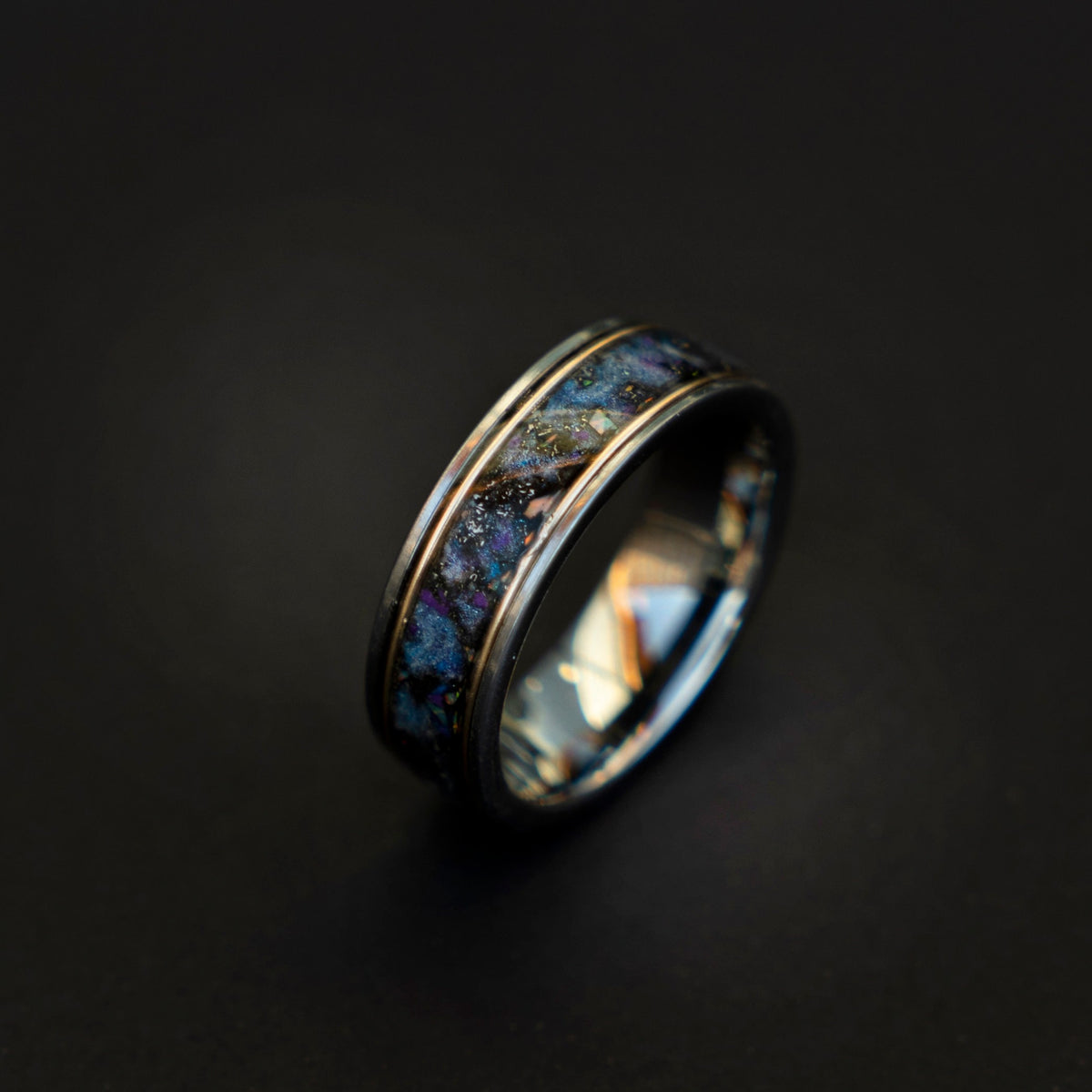 Galaxy opal ring with gold wire and meteorite, mens wedding band, tungsten ring set, unique, 2 tone, cool mens ring, his and hers rings. - Decazi