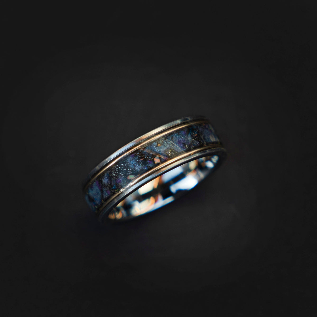 Galaxy opal ring with gold wire and meteorite, mens wedding band, tungsten ring set, unique, 2 tone, cool mens ring, his and hers rings. - Decazi