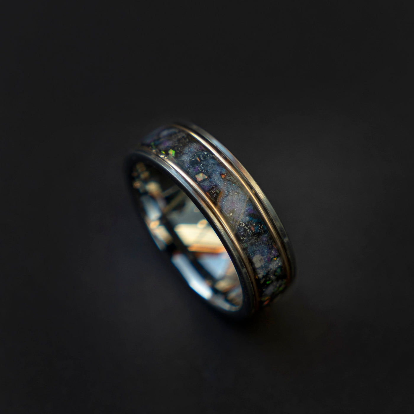 Galaxy opal ring with gold wire and meteorite, mens wedding band, tungsten ring set, unique, 2 tone, cool mens ring, his and hers rings. - Decazi