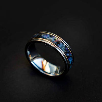 Galaxy opal ring with gold wire and meteorite, mens wedding band, tungsten ring set, unique, 2 tone, cool mens ring, his and hers rings. - Decazi
