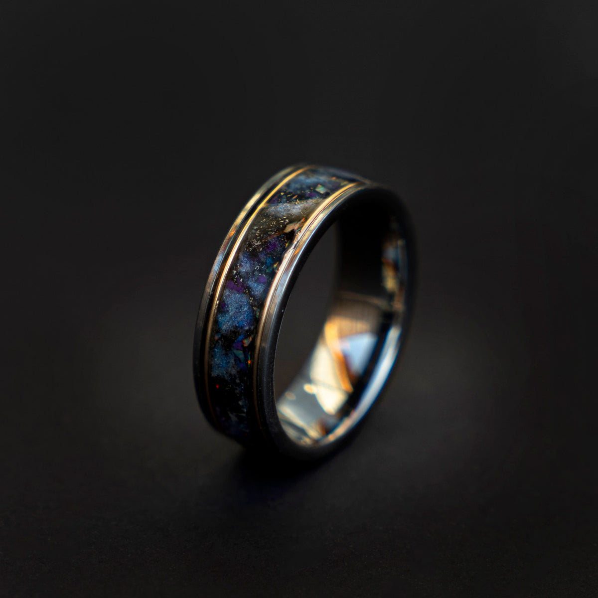 Galaxy opal ring with gold wire and meteorite, mens wedding band, tungsten ring set, unique, 2 tone, cool mens ring, his and hers rings. - Decazi