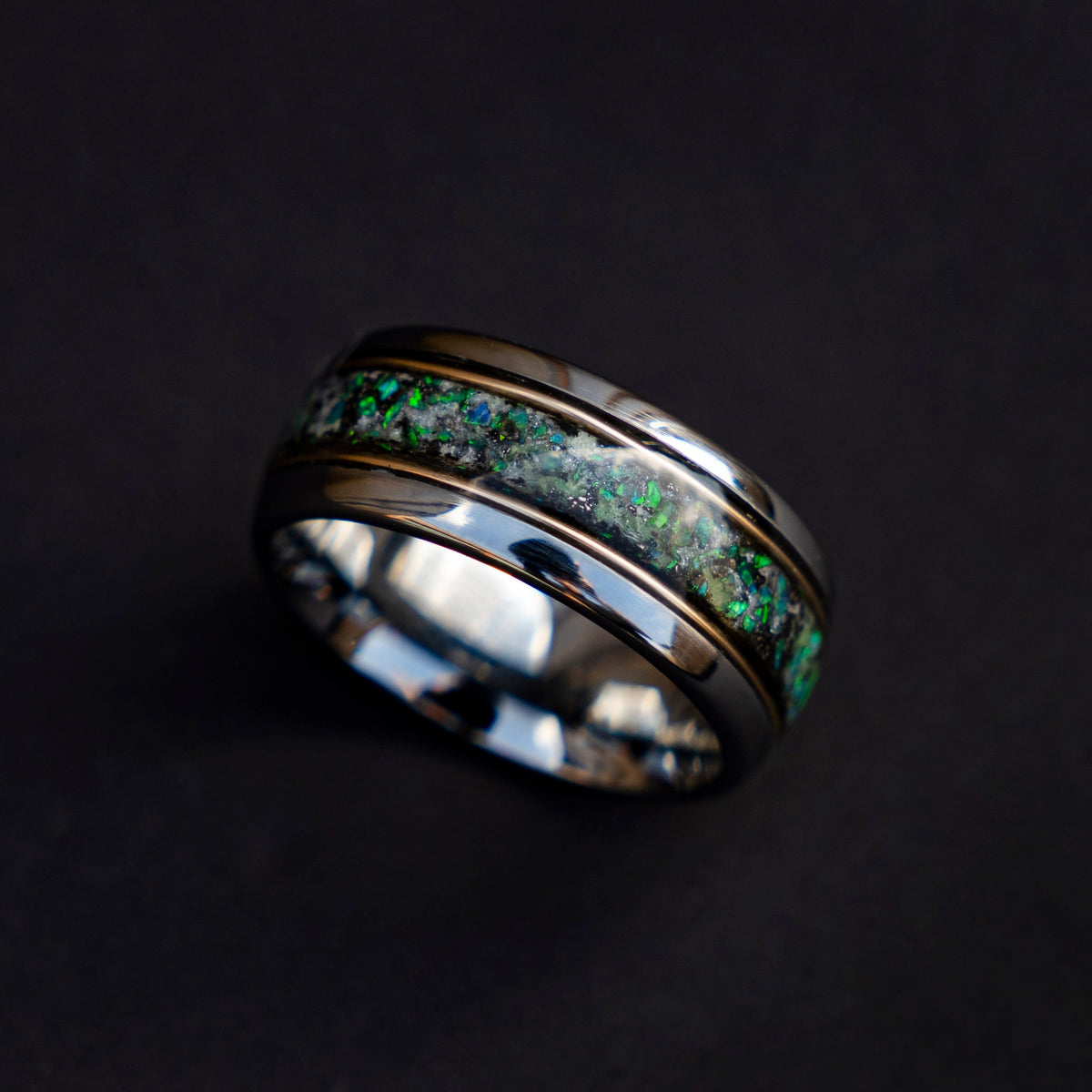 10mm domed green opal glowring, mens wedding band, mens ring, meteorite ring, mens wedding ring, mens engagement ring, meteorite ring men,