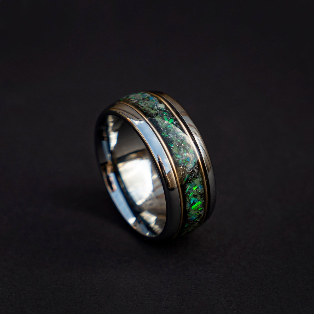 10mm domed green opal glowring, mens wedding band, mens ring, meteorite ring, mens wedding ring, mens engagement ring, meteorite ring men,