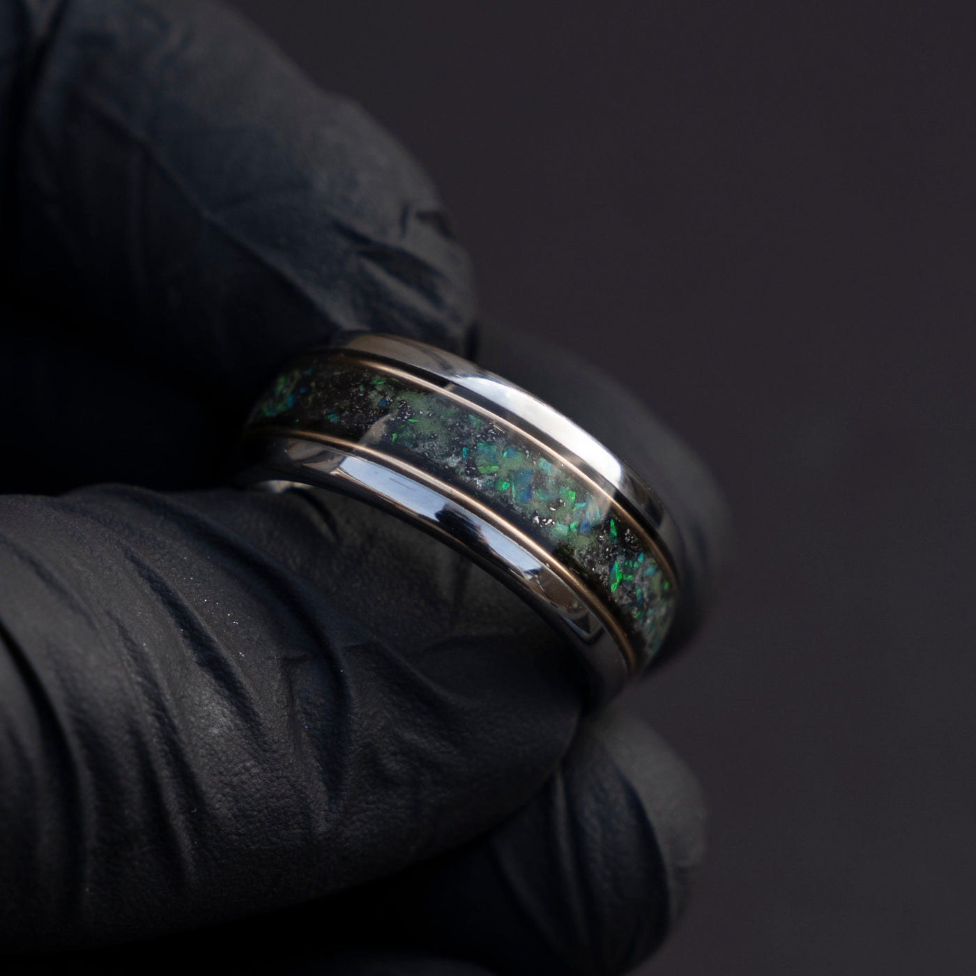 10mm domed green opal glowring, mens wedding band, mens ring, meteorite ring, mens wedding ring, mens engagement ring, meteorite ring men,