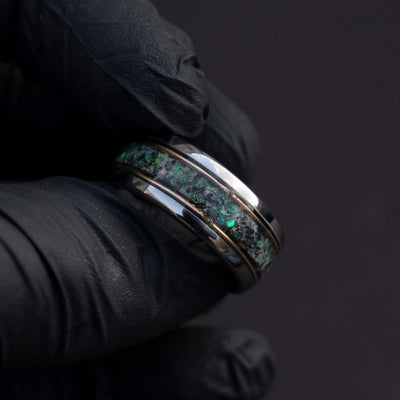 10mm domed green opal glowring, mens wedding band, mens ring, meteorite ring, mens wedding ring, mens engagement ring, meteorite ring men,