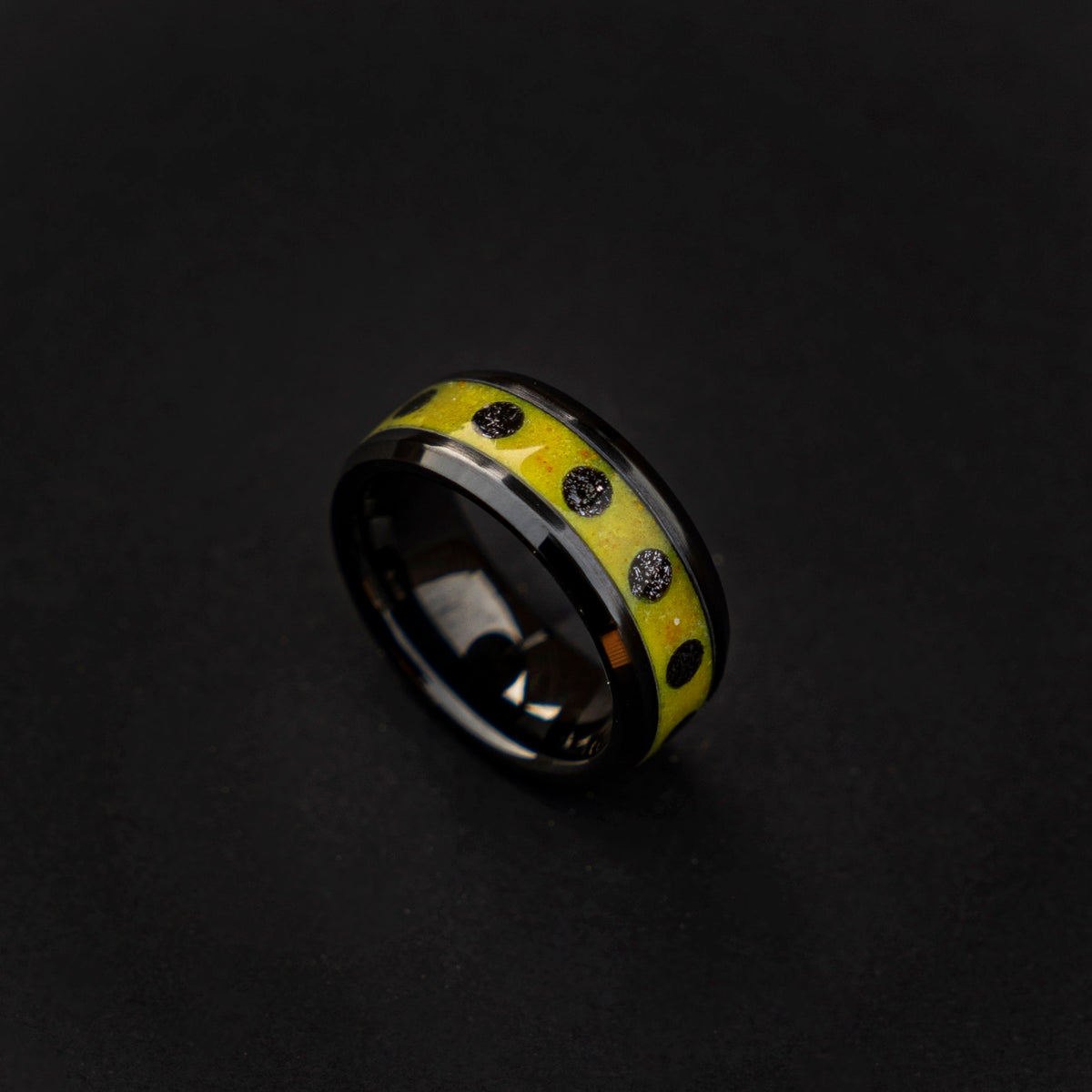 Black ceramic ring, glow in the dark ring, yellow ring, mens wedding band, male engagement ring, mens ring | Decazi