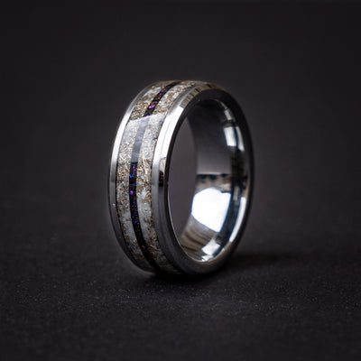 Glow in the Dark Ring with purple chameleon, Tungsten Ring, Galaxy Opal, handmade wedding band, glow ring, Meteorite Wedding Ring - Decazi